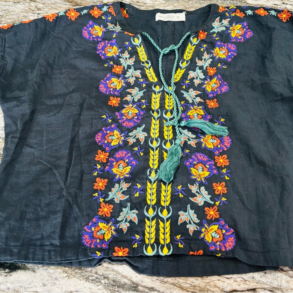 NATURAL LIFE Black Embroidered Floral Boho Blouse with Purple & Orange Accents - Picture 3 of 6